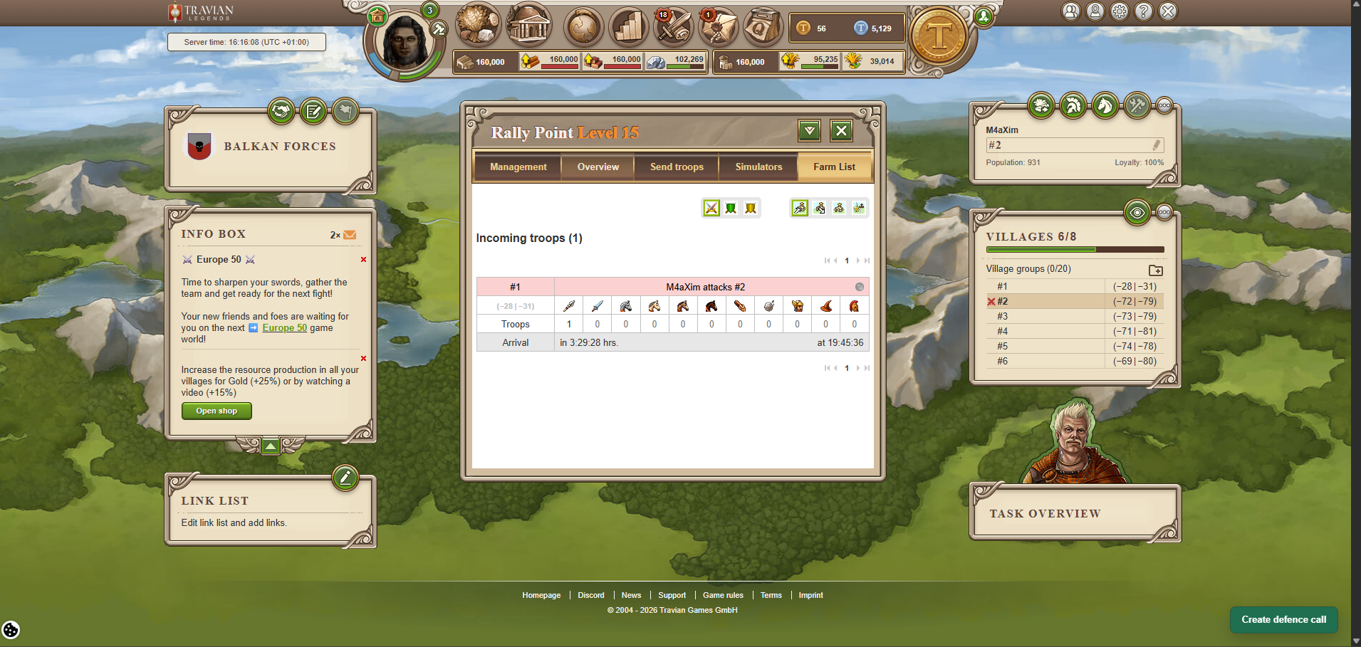 Travian rally point incoming attacks view with Create defence call button.