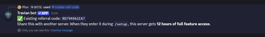 Discord response showing an existing Travian Bot referral code created with /create-ref-code.