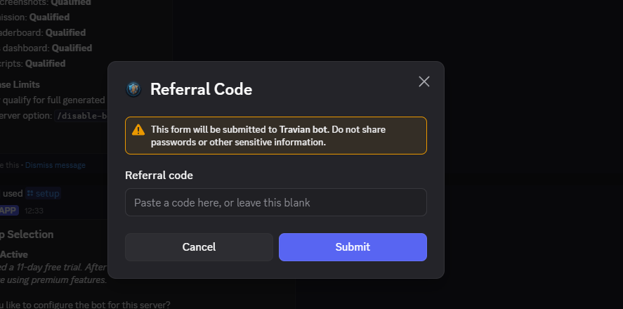 Travian Bot setup referral code modal where a server can paste a referral code.
