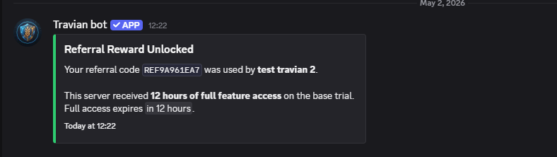 Discord embed showing Referral Reward Unlocked and 12 hours of full feature access.