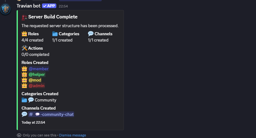 Travian Bot Server Build Complete summary showing created roles, categories, and channels.