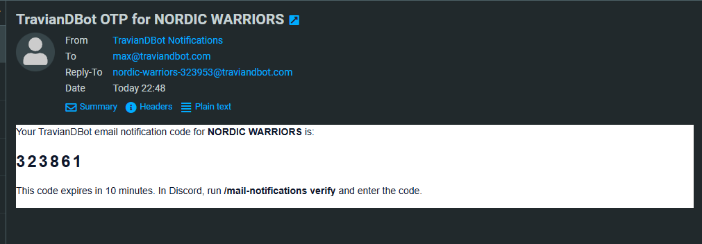 Email inbox showing Travian Bot email notification OTP code.