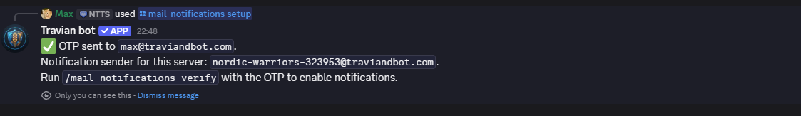 Discord response showing mail notification OTP setup for Travian Bot.