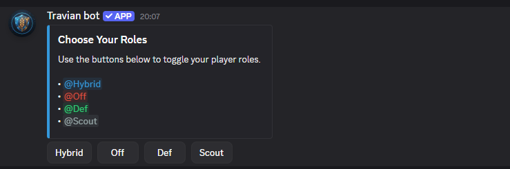 Travian Bot role select channel with Hybrid, Off, Def, and Scout buttons.