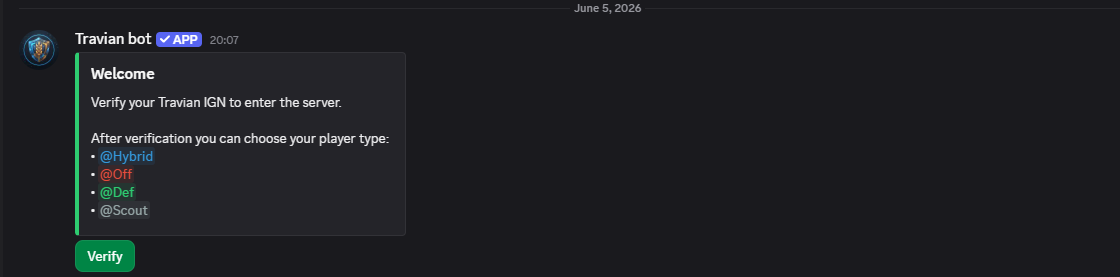 Travian Bot welcome verification panel with Verify button and player role list.