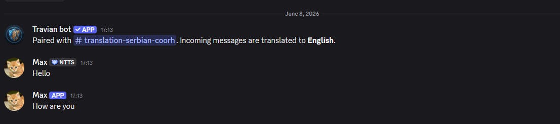 English side of a paired Travian Bot translation channel showing Serbian messages translated into English.