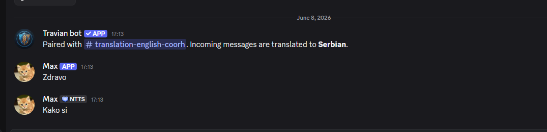 Serbian side of a paired Travian Bot translation channel showing English messages translated into Serbian.