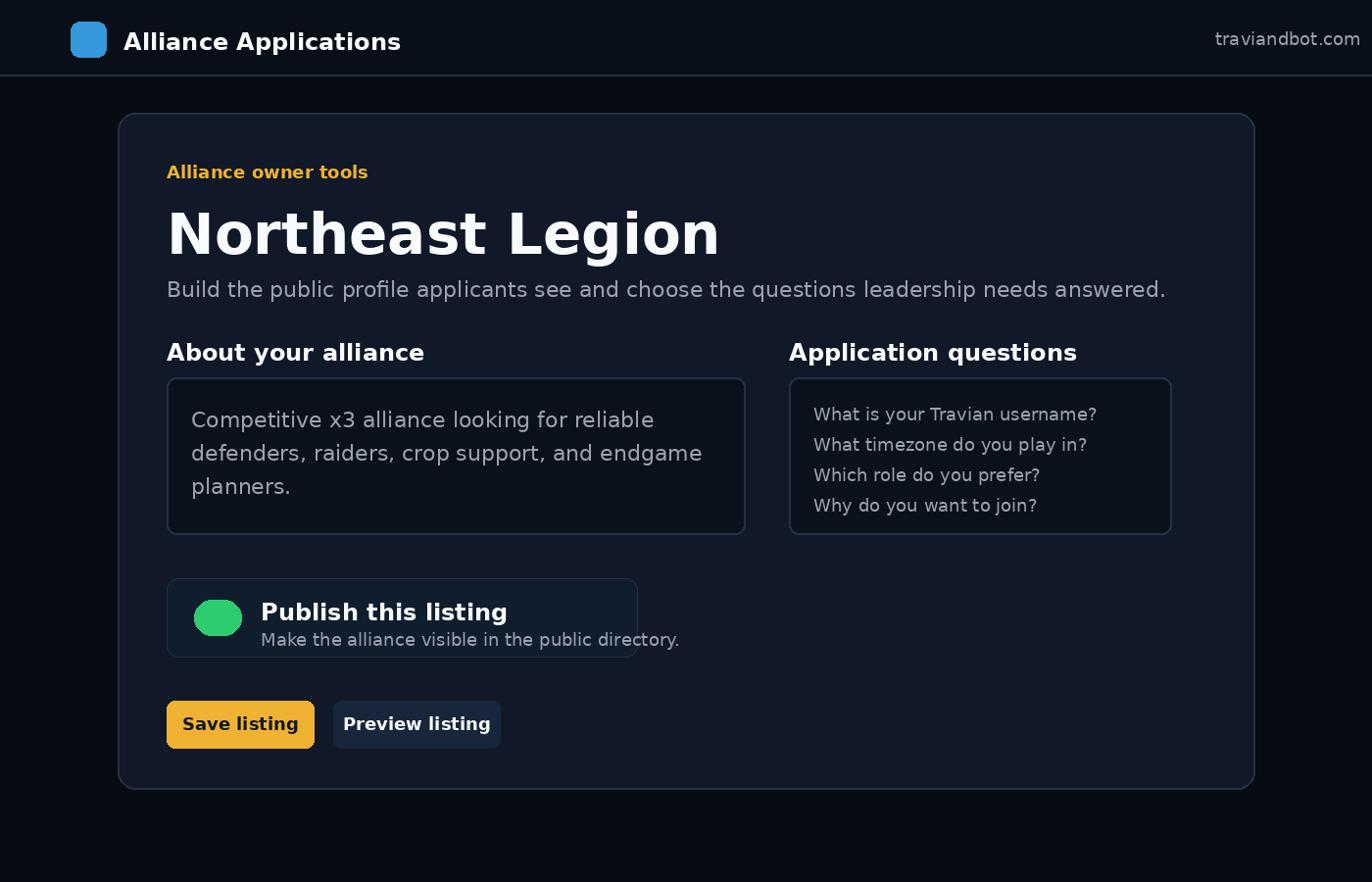 Alliance Applications admin editor for description, questions, and publish toggle.