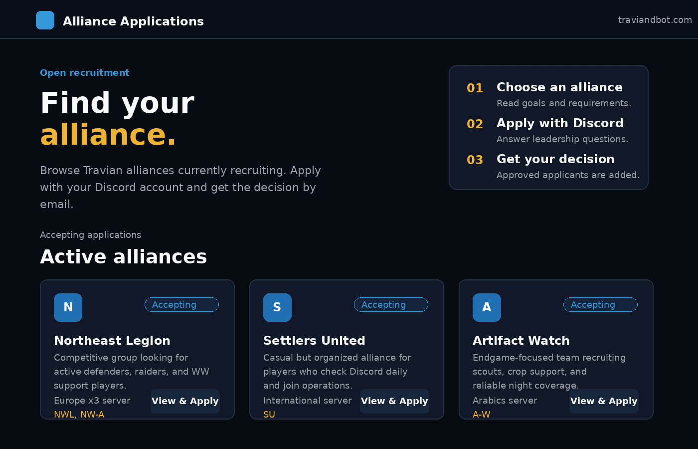 Alliance Applications public directory showing recruiting Travian alliances.