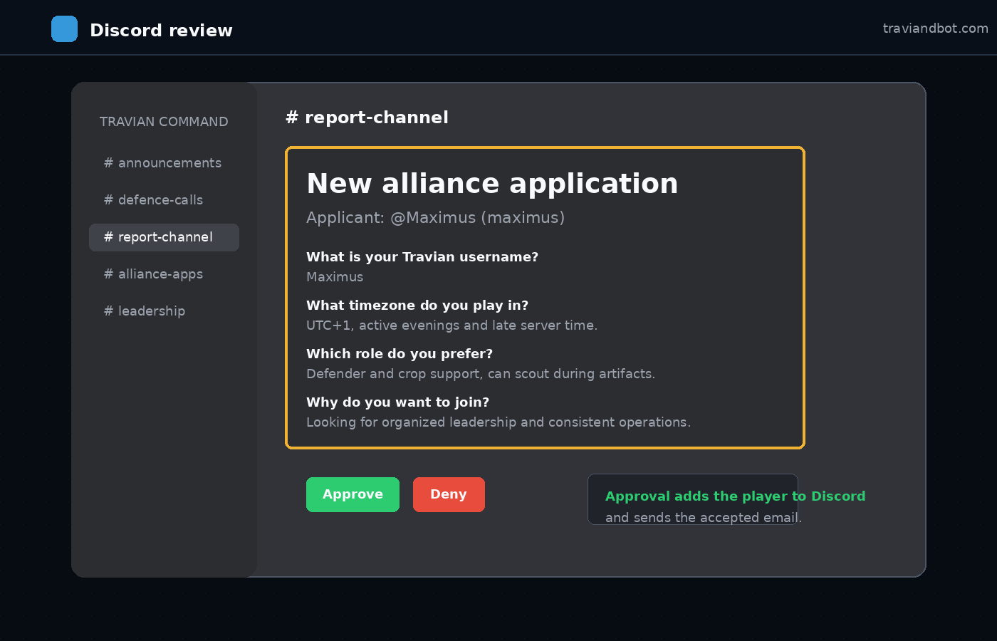Discord report channel showing a new alliance application with approve and deny buttons.