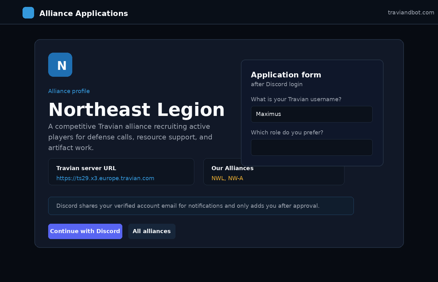 Alliance profile and application form for a Travian alliance application.