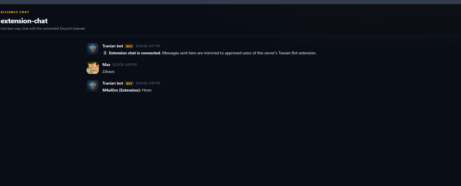 Persistent two-way alliance chat between Discord and the Travian Bot extension.