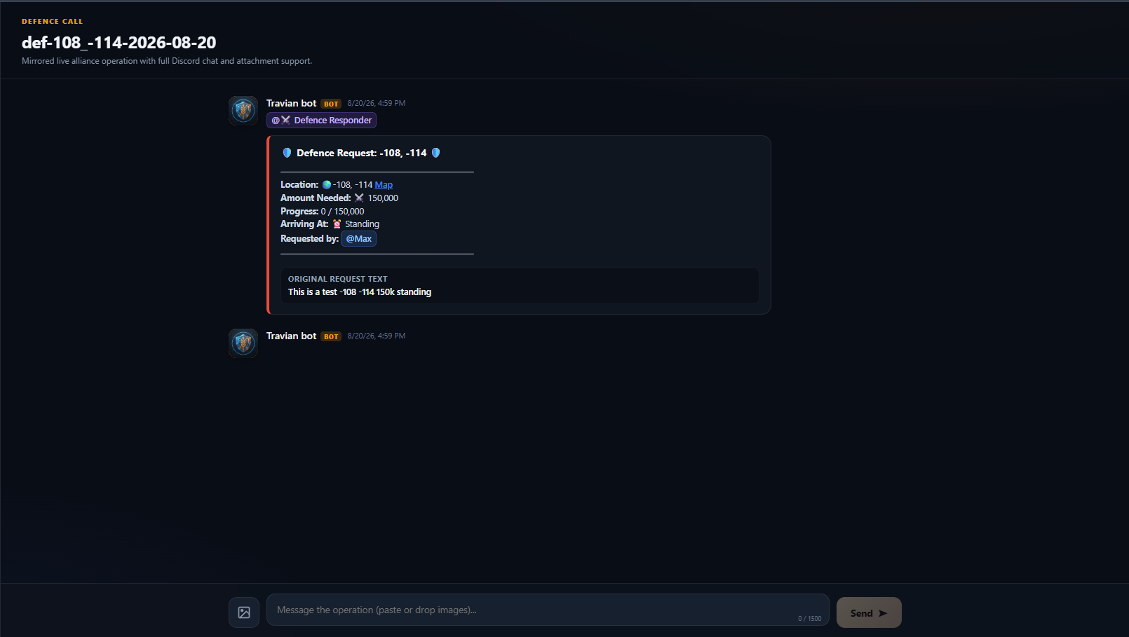 Travian Bot extension showing a live defence request chat and Discord embed.