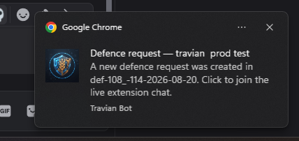 Chrome notification for a new Travian Bot defence request.
