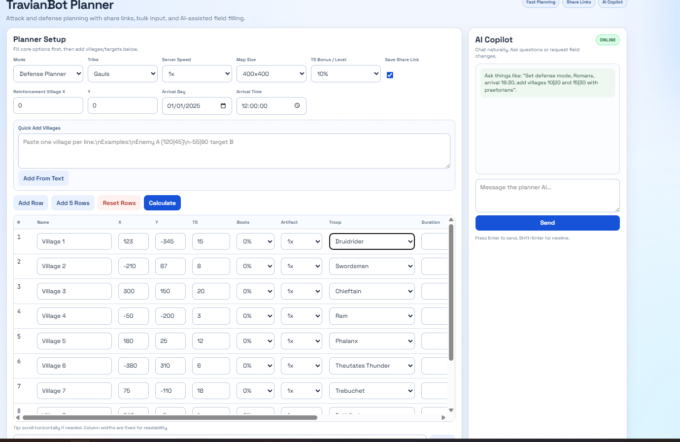 TravianBot planner UI with defense mode and AI copilot.