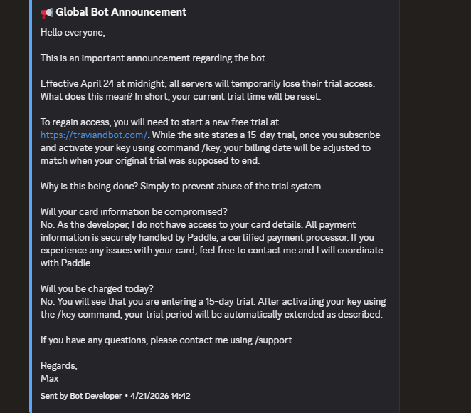 Original global bot announcement about trial time change and key activation behavior.