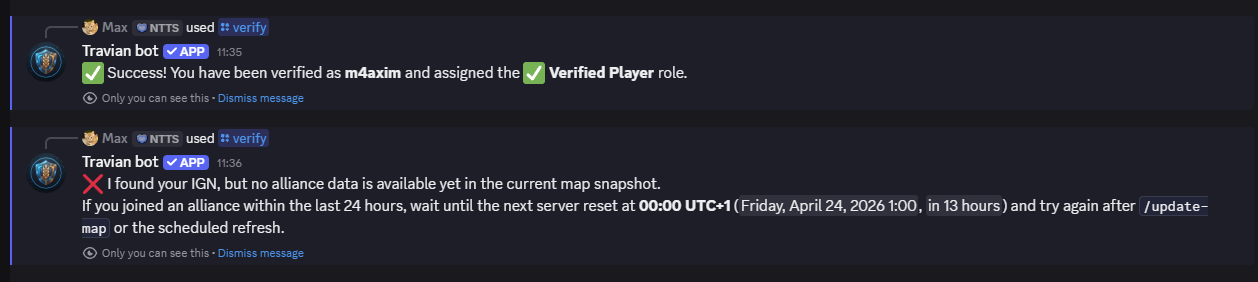 Verification success and alliance data wait message in Discord.