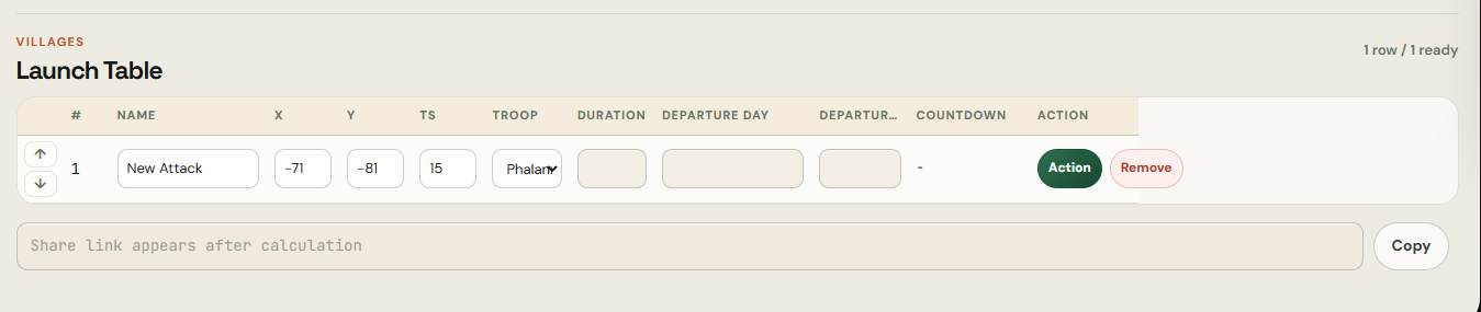 Planner launch table row with Action button.