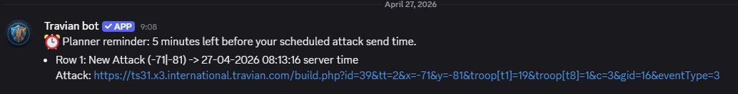 Discord DM reminder sent 5 minutes before planned attack send time.