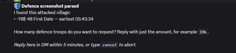 Discord DM where Travian Bot asks for defence troop amount after parsing a screenshot.
