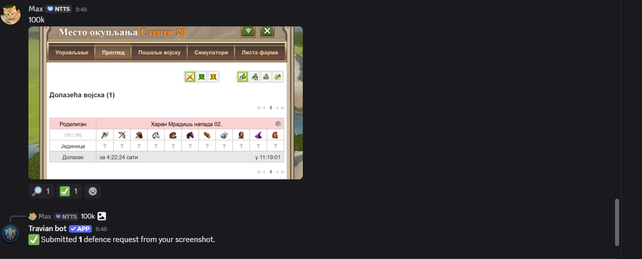 Discord message with a Travian incoming attacks screenshot posted for defence parsing.